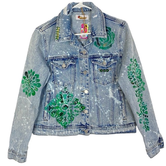 Handmade Jean Jacket Womens Small Denim Floral Mandala Blue Green Gold Upcycled - Picture 1 of 14